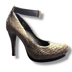 All Saints Taupe Gray Faux Snakeskin Platform Stiletto heels